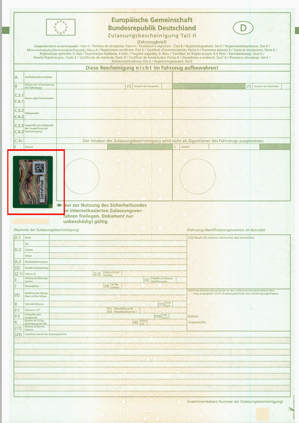 Fahrzeugbrief mit Sicherheitscode